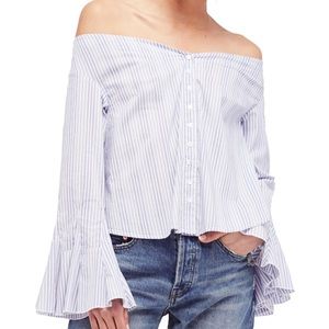 Free People off the shoulder stripped top with bell ruffle sleeve size XS